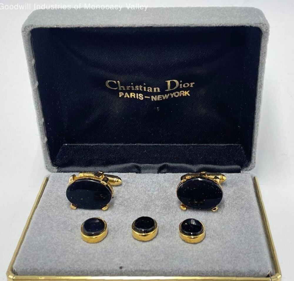 Vtg Christian Dior Paris New York Tuxedo Cufflinks Shirt Stud Set Black Onyx Box